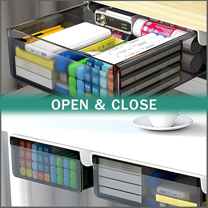 Under Desk Table Drawer Storage Organizer Slide Out, Attachable Hidden Self-Adhesive Under Desk Pencil Tray Drawer for Office/Classroom/Home (Clear Black/M)