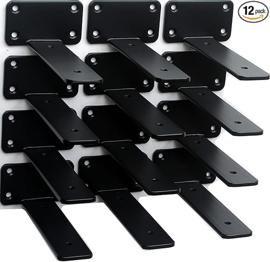 12 Pack - 5 inch Black Hidden L Shelf Bracket (1/5 Inch Thicked) Iron Floating Shelf Brackets Rustic Industrial Metal Brackets for Shelf Support