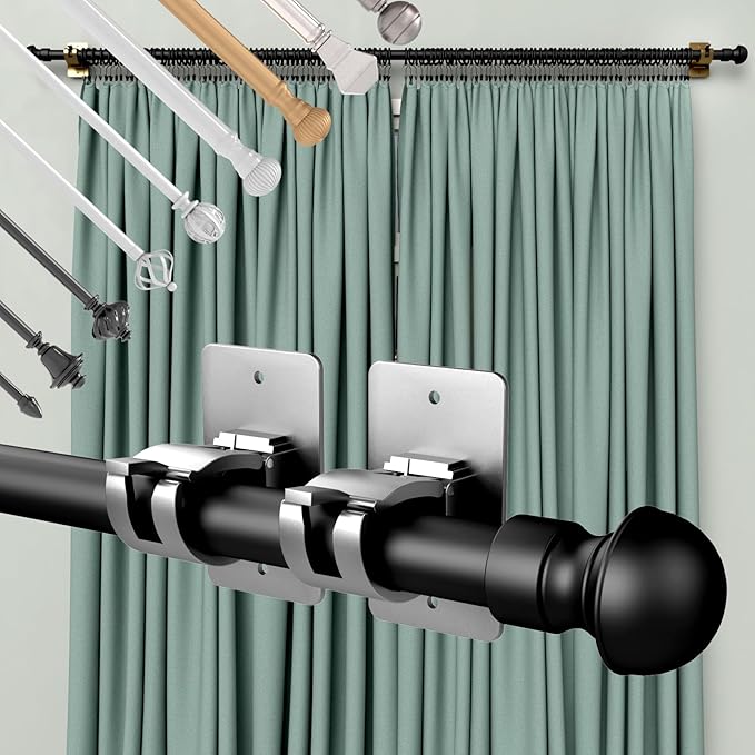 6PCS No Drill Curtain Brackets, Self-Adhesive Rod Holders, Universal Plastic Nail Free Adjustable, Curtain Hooks for Rods Less Than 1.57 Inch Diameter (Sliver)