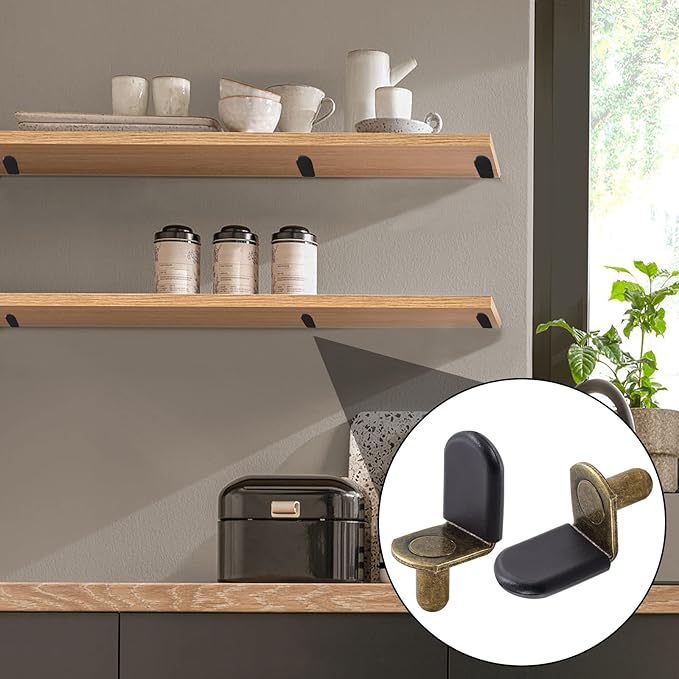 Biaungdo 30 Pcs Shelf Support Pegs, 1/4 Inch L-Shaped Clips with Rubber Sleeve, Cabinet Shelf Support Pegs for Bookshelves Glass Corner Shelf Cabinet Furniture, Bronze Tone