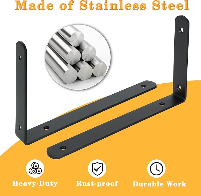 Alise Floating Shelf Brackets,Stainless Steel Black Bracket for Shelves,Heavy Duty L Bracket Corner Brace for Wooden Board Hanging Support,8x5-3/5 Inch(Upgraded,Pack of 4)