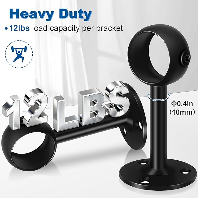 10 Pack Ceiling Curtain Rod Brackets 1 1/4 Inch Curtain Rod Holders Heavy Duty Curtain Rod Hooks Hangers for Wall, Black