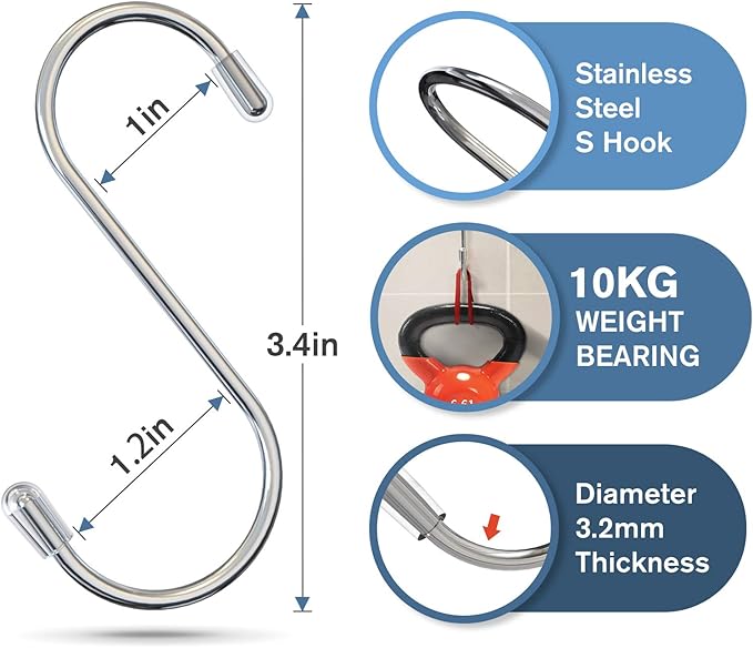 20 Pack S Hooks for Hanging, 3.4 Inch Metal S Shaped Hook Heavy Duty Hanging Hooks for Pots, Pans, Plants, Bags, Cups, Clothes (Silver)