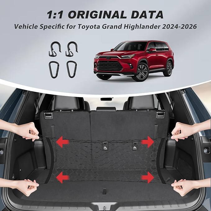 Karltys Cargo Net for Toyota Grand Highlander 2024 2025 2026 Trunk Net | Envelope Style Elastic Mesh Net | Heavy Duty Metal Hooks | Grand Highlander Accessories