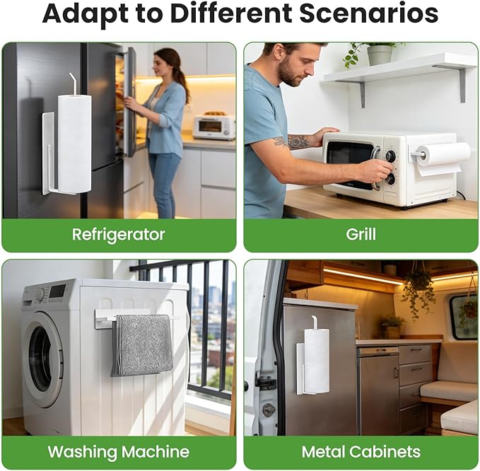 Magnetic Paper Towel Holder for Fridge, Toilet Paper Roll Holder Magnetic Paper Towel Rack Wall Mount Fridge Organizer for Papers Towels Roll Bathroom Toilet Garage RV Decor Kitchen Organization White