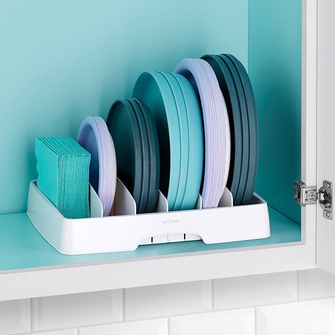 YouCopia StoraLid Food Container Lid Organizer for Kitchen Cabinet Storage with 5 Adjustable Dividers, 10.5''D × 13.4''W × 3.3''H, Large Classic Edition, White (Pack of 6)