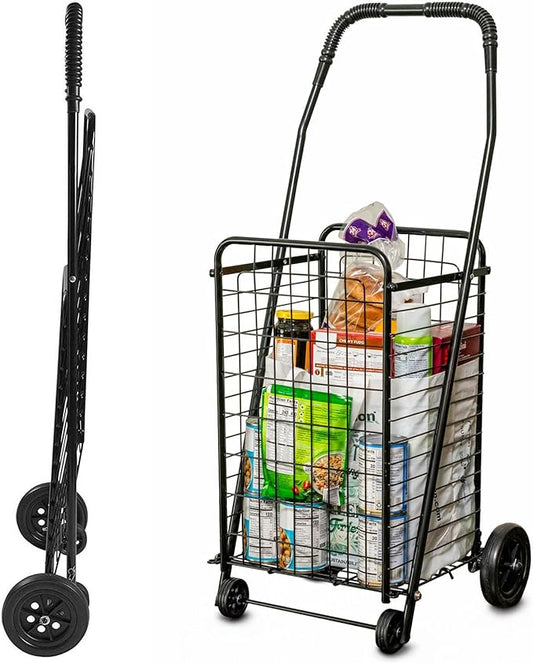DMI Utility Cart with Wheels to be used for Shopping, Grocery, Laundry and Stair Climber Cart, Weighs 7.5 Pounds but holds up to 90 Pounds, Compact and Foldable, Black