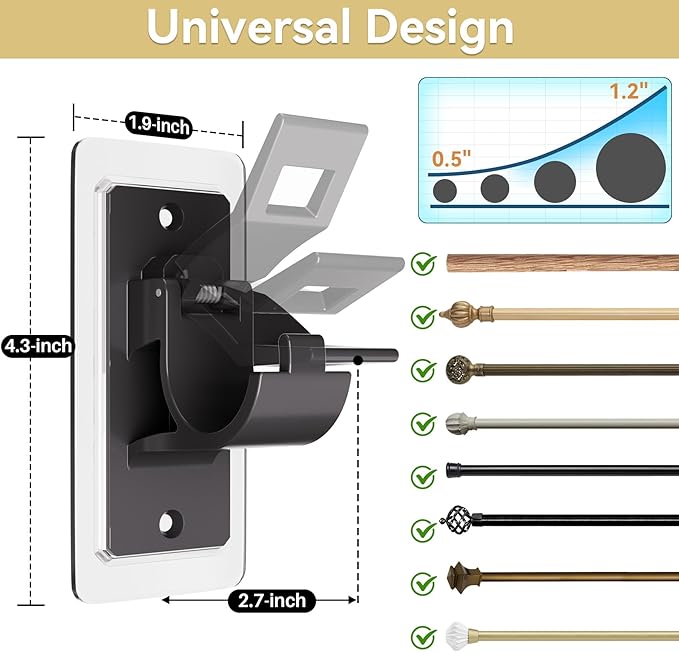 16PCS No Drill Curtain Rod Brackets, Self Adhesive Curtain Rod Holders, No Hole, Multipurpose Curtain Rod Hooks for Bathroom Living Room Kitchen and Bedroom (Black)