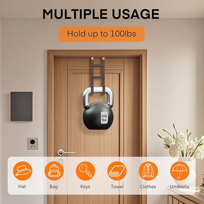 FYY Over The Door Hooks - 2 Pack Heavy Duty Double-Hanger Organizer for Bathroom Bedroom Dorm, Hanging Clothes Towels Hats Bags Ironing Board Wreath Robe - Fits Interior Doors Up to 1.6” Brown