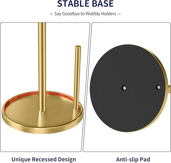 Jesginboo Paper Towel Holder Countertop, Gold Kitchen Paper Towels Holder, Paper Roll Holder with Weighted Base