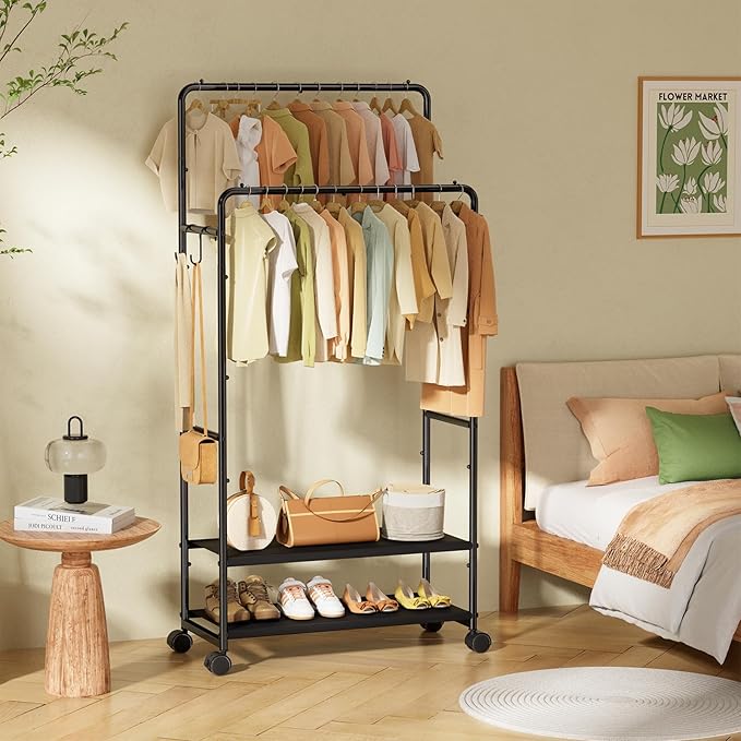 Simple Trending Clothes Rack for Hanging Clothes, Double Rod Clothing Rack with Shelves Load 400 LBS, Garment Rack with Wheels, Black