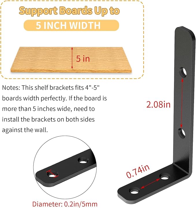 LSK 6PCS L Bracket, 4"×2"(100×50mm) Shelf Support Corner Bracket for Wooden Board, Max Load : 42lb, Black