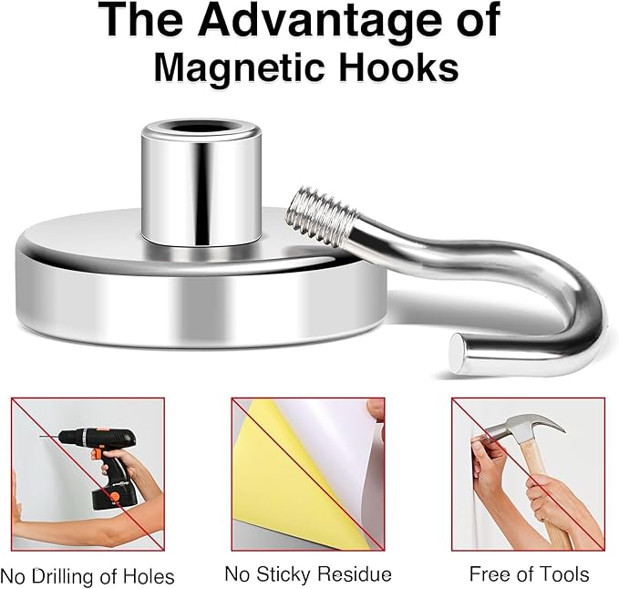 MIKEDE Magnetic Hooks 85Lbs Heavy Duty Earth Magnets with Hooks for Cruise Cabin Strong Magnet Hooks for Hanging Super Metal Magnetic Hanger for Grill Fridge Kitchen - Pack of 25