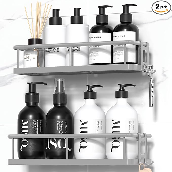 YASONIC Shower Caddy Adhesive, No Drill Bathroom Shower Organizers, with Removable Hooks, Rust Proof Shower Shelves, Wall-Mounted Shower Holder, Grey, 2 Pack