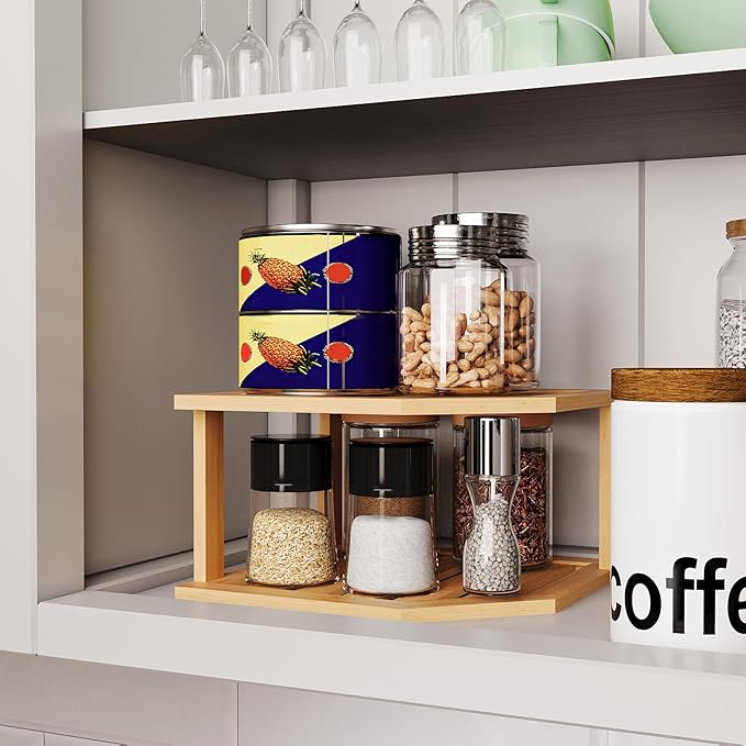 Bamboo Corner Shelf,2 Tier Plate Organizer for Cabinet and Countertop,Pantry Dish and Spice Rack for Kitchen