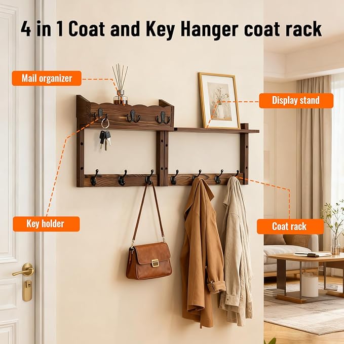 28" Coat Rack Wall Mount with Shelf, Entryway Key Holder Wall Mount Wood Wall Coat Hooks with 7 Hooks 3 Key Hanger, Wall Mounted Coat Rack Mail Holder for Living Room, Bedroom