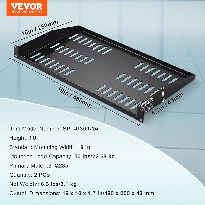 VEVOR 2PCS 1U Server Rack Shelf, Universal Vented Rack Mount Cantilever Tray for 19 inch Network Equipment Rack & Cabinet, 10" Deep Rack Mount Shelf, Weight Capacity 50 lbs Wall Mount Rack Shelf