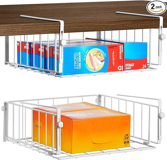 AmonHouseware 2 Pack Hanging Under Shelf Storage Basket,Adjustable Under Cabinet Add-on Storage Racks Slide-in Baskets Organizer for Laundry Room Kitchen Pantry Desk Bookshelf, White