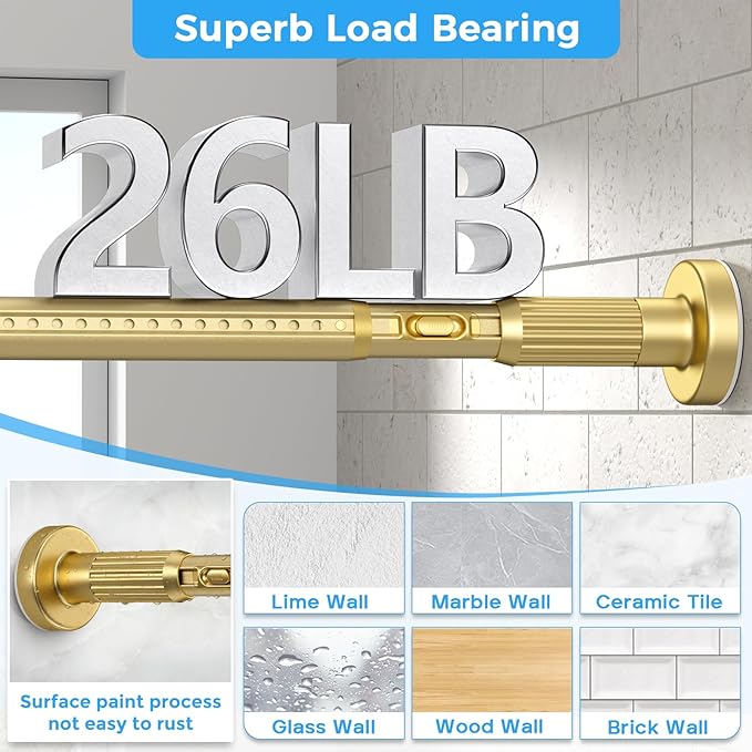 AIZESI 41-165 Inch Heavy Duty Gold Tension Curtain Rod - No Drilling, Adjustable, Rust-Proof for Outdoor, Living Room, Bathroom