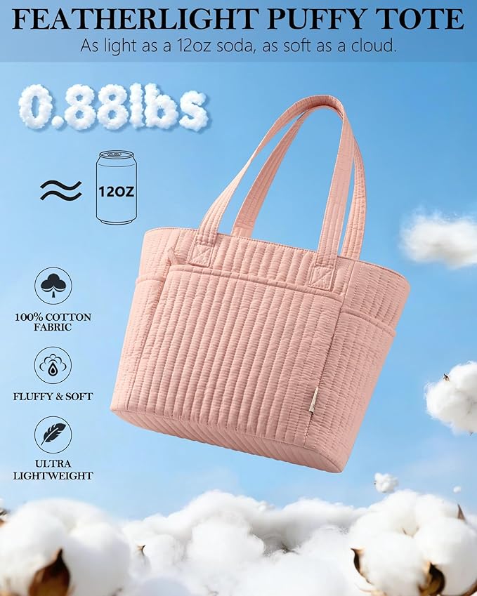 Bagstellar Puffer Tote Bag for Women, Quilted Cotton Laptop Work Tote Shoulder Bag for College School, Teacher, Nurse, Travel | Top Full-zip Closure