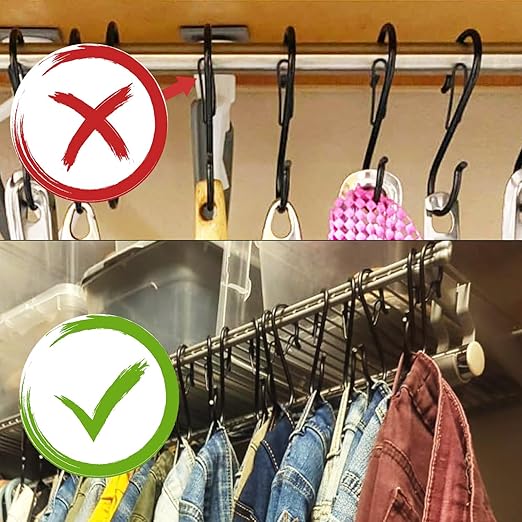 7 Pack S Hooks for Hanging with Safety Buckle, 5 inch Heavy Duty Black Vinyl Coated Wire Shelving Hooks, Pot Rack Hooks for Hanging Plants, Bags, Kitchen Utensils, Cups, Pans