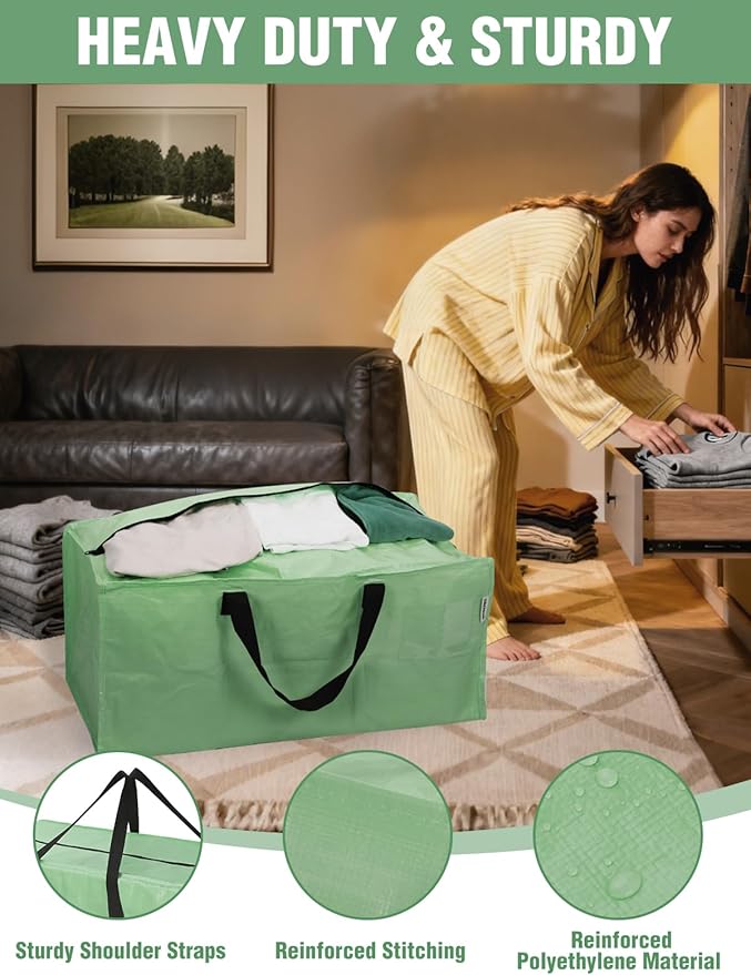 WORKPRO 4 Pack Extra Large Moving Bags with Zippers & Carrying Handles Backpack Straps, Heavy-Duty Storage Tote for Space Saving & Storage, Alternative to Moving Box (Green)
