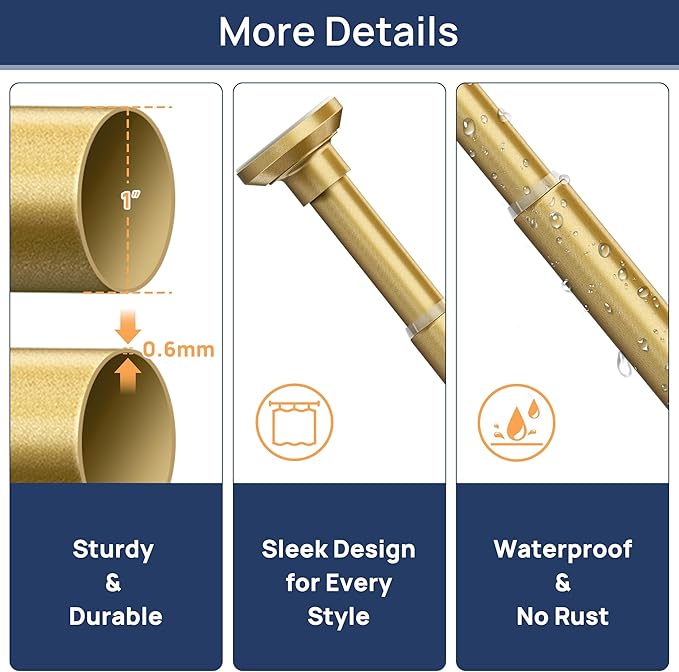 ENJOYBASICS Shower Curtain Rod 30 to 88 Inches, 1 Inch Stainless Steel Adjustable Spring Tension Rods No Drill for Bathroom, Closet, Window, Room Divider, Never Rust, Non Slip, Gold