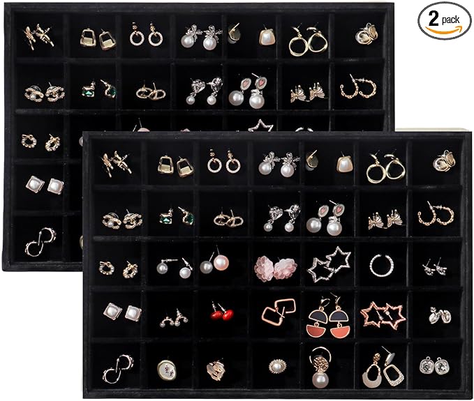 Large Velvet Jewelry Tray 2 Pack Stackable Jewelry Display Drawer Inserts Trays Organizer for Earring Bracelet Necklace Ring (Black, 35 Grids)