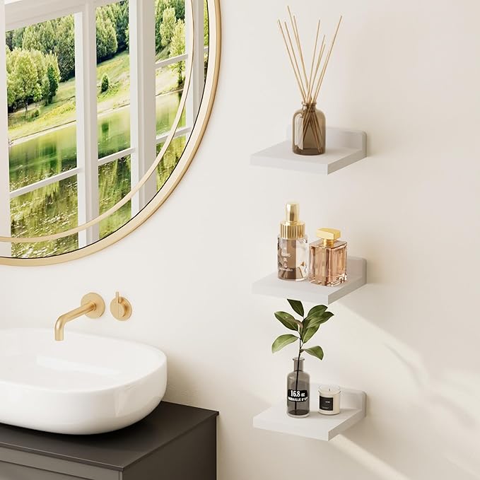 QsQueen Small Floating Shelves Mini Shelves Hanging Display 5 Inch Wall Shelf for Bathroom Livingroom Bedroom,3 Pack, with 2 Types of Installation, Great for Room Decor
