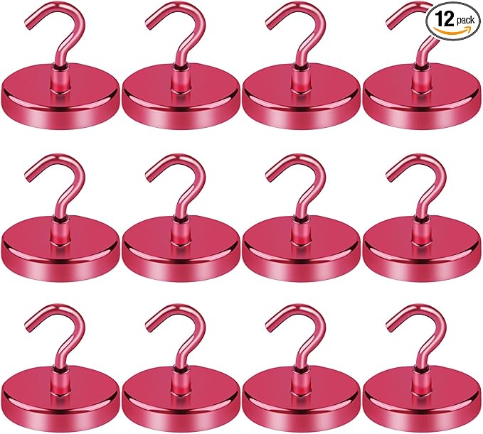 LOVIMAG Cruise Ship Essentials, 150Lbs Magnetic Hooks Heavy Duty, Red Magnet Hooks for Cruise Cabins, Strong Magnetic Hook for Hanging-12 Pack