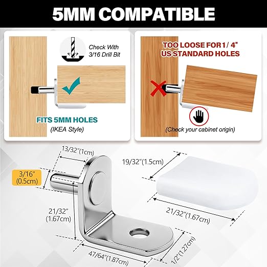 24 Pack Shelf Pegs 5mm (3/16'') with Storage Box, L-Shaped Metal Shelf Pins with Anti-Slip Caps, Nickel Plated Replacement for Kitchen Pantry, Bookcase, Medicine Cabinet & Glass Shelves
