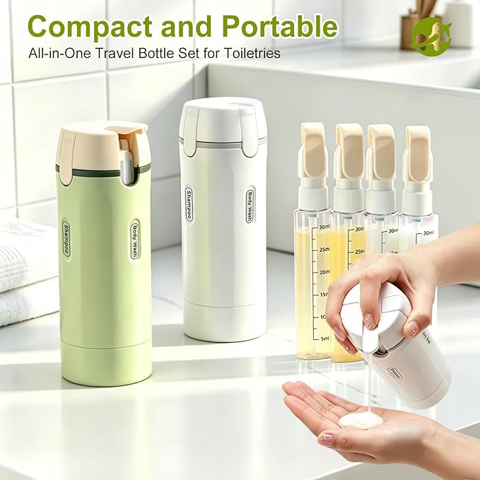 4 in 1 Travel Dispenser Bottle Leakproof Refillable Travel Bottles for Toiletries Portable Size Containers for Shampoo Lotion Cosmetics Travel Essentials for Women Men (White)