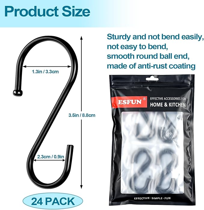 ESFUN 24 Pack S Hooks, 3.5 Inch Heavy Duty S Hooks for Hanging Plant, Large Closet Rod Hooks for Jeans Bags, Black Metal S Shaped Hook for Plant Basket, Pots Pans Wire Shelf Rack, Utensils, Towels