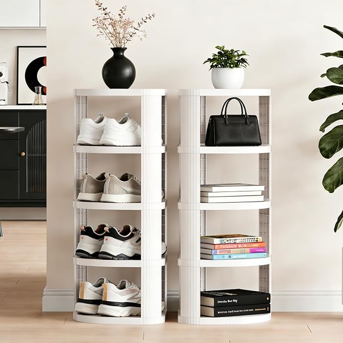 Vertical Shoe Rack, 10-Tier Stackable Narrow Shoe Rack Organizer for Entryway Closet Corner, Free Standing Shoe Rack Tower Shelf, Space Saving, Curved, Off White