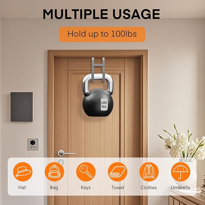 FYY Over The Door Hooks - 4 Pack Heavy Duty Double-Hanger Organizer for Bathroom Bedroom Dorm, Hanging Clothes Towels Hats Bags Ironing Board Wreath Robe - Fits Interior Doors Up to 1 3/8" Grey