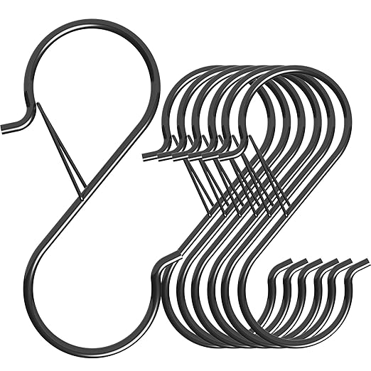 7 Pack S Hooks for Hanging with Safety Buckle, 5 inch Heavy Duty Black Vinyl Coated Wire Shelving Hooks, Pot Rack Hooks for Hanging Plants, Bags, Kitchen Utensils, Cups, Pans