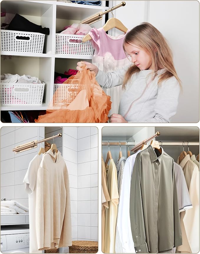 16.5" Valet Rod for Closet Pull Out, Retractable Slide Out Valet Rod Closet Organization, Aluminum Valet Clothing Hanger Rods Perfect for Suits, Dresses & Freshly Pressed Clothes, Gold