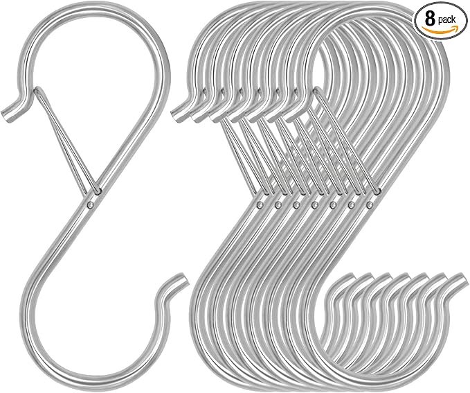 Waitkey 8 Pack S Hooks for Hanging, 3.5 inch Heavy Duty Metal S Hooks with Safety Buckle S Shaped Hooks Pot Rack Closet Hooks for Hanging Plants, Clothes, Kitchen Utensil, Pots, Pans, Bags (Silver)