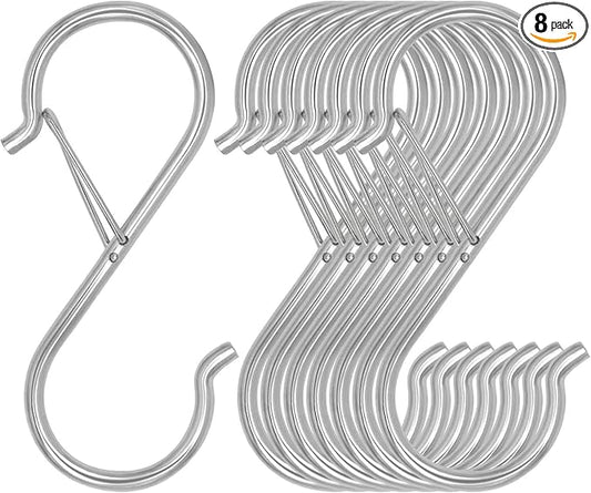 Waitkey 8 Pack S Hooks for Hanging, 3.5 inch Heavy Duty Metal S Hooks with Safety Buckle S Shaped Hooks Pot Rack Closet Hooks for Hanging Plants, Clothes, Kitchen Utensil, Pots, Pans, Bags (Silver)