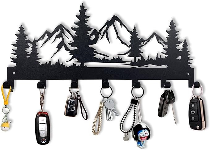 Metal Key Holder, Wall Mounted Key Hooks, Key Holder for Wall, Key Organizer Rack with 7 Hooks, Key Hanger Decor for Kitchen, Entryway, Hallway, Bedroom, Doorway (Mountain 12IN)