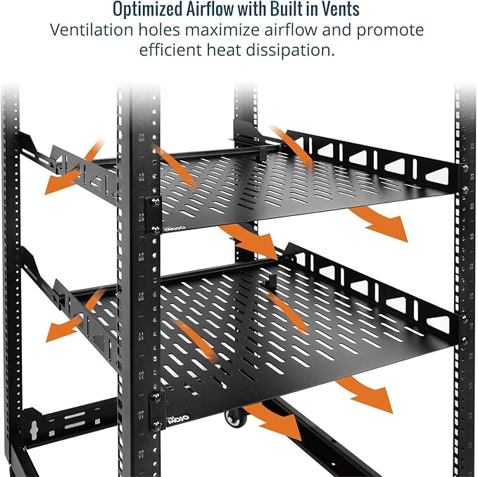 Tecmojo Server Rack Shelf, 1U Rack Shelf 10in Depth, Rack Mount Shelf with Anti-Slip Stops, 110lbs Weight Capacity of Vented Network Rack Shelf for Data/AV/IT/Audio Racks, with Lip(2 Pack), Black