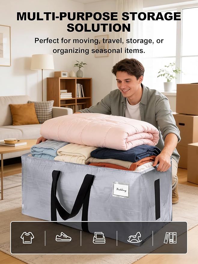 80 Pack Large Strong Moving Bags with Zippers & Carrying Handles - Water-Resistant - Heavy Duty Storage Tote for Space Saving, Fold Flat, Alternative to Moving Box (Silver)