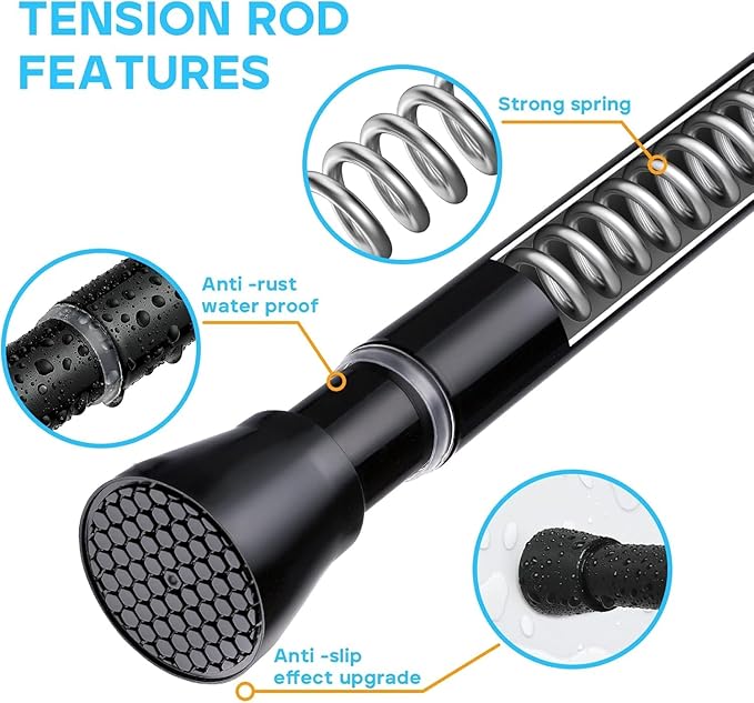 2 Pack Black Tension Curtain Rod 30 to 64 Inch,Adjustable Curtain Rod,Shower Tension Curtain Rod No Drilling,7/8" Spring Curtain Rods for Windows Closet Doorway Door