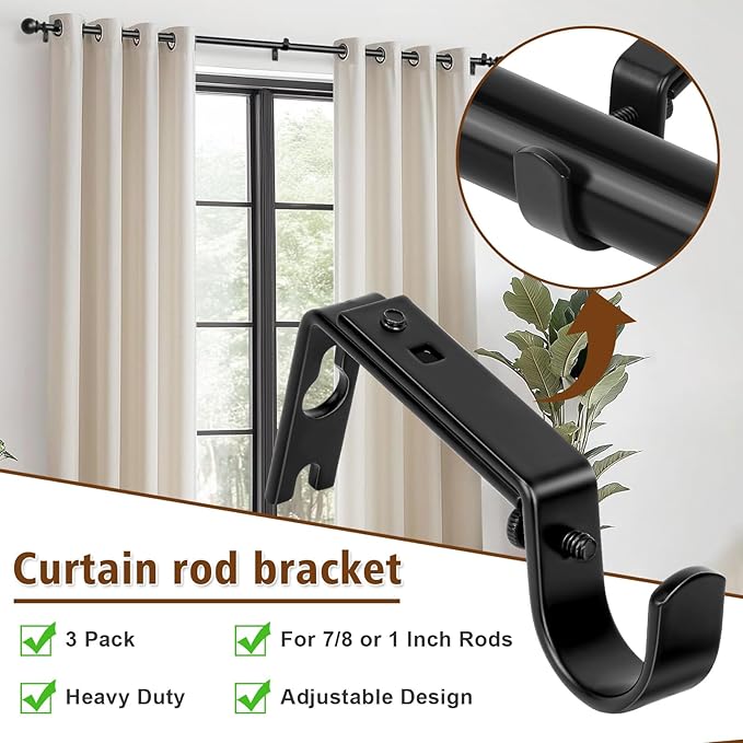 Heavy Duty Curtain Rod Brackets, Adjustable Wall Mount Iron Rod Holders for 1 Inch Rods, Window Treatment Hardware Kit with Screws & Anchors (3PCS)