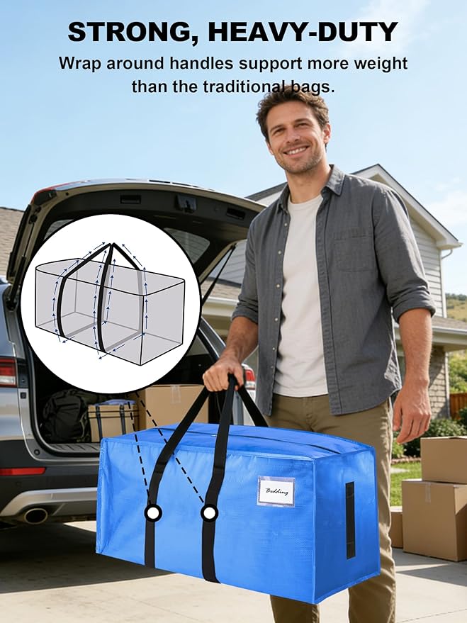 80 Pack Large Strong Moving Bags with Zippers & Carrying Handles - Water-Resistant - Heavy Duty Storage Tote for Space Saving, Fold Flat, Alternative to Moving Box (Sky Blue)