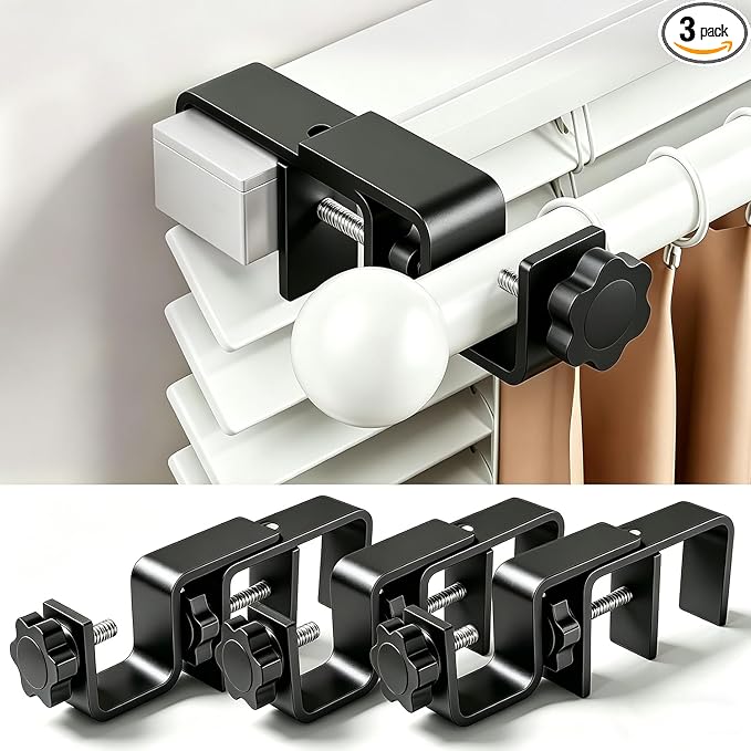 Mimiio No Drill Curtain Rod Brackets for Outside-Mount Blinds, Tool-Free Over-Blind Curtain Rod Holders, Fits 1-2" Rectangular Headrails, No Wall Damage, Renter Friendly Window Hardware, 3 Pack, Black