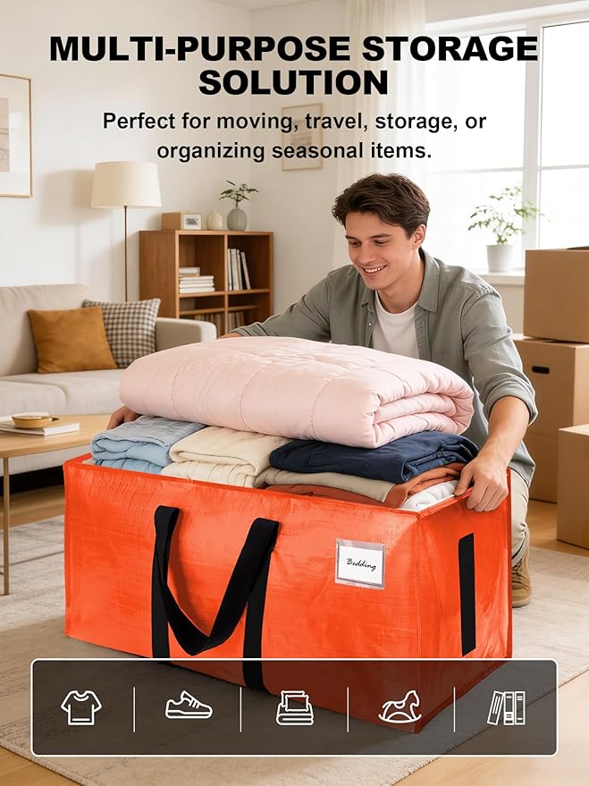 80 Pack Large Strong Moving Bags with Zippers & Carrying Handles - Water-Resistant - Heavy Duty Storage Tote for Space Saving, Fold Flat, Alternative to Moving Box (Orange)