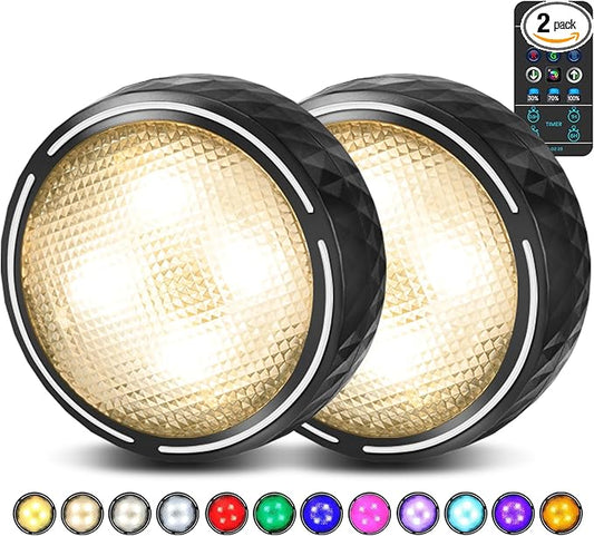 LED Puck Lights with Remote Control, Battery Operated Wireless Closet Lights, Under Cabinet Lighting Stick on Tap Push Light, Color Changing Under Counter Light for Kitchen, 2 Pack - Black