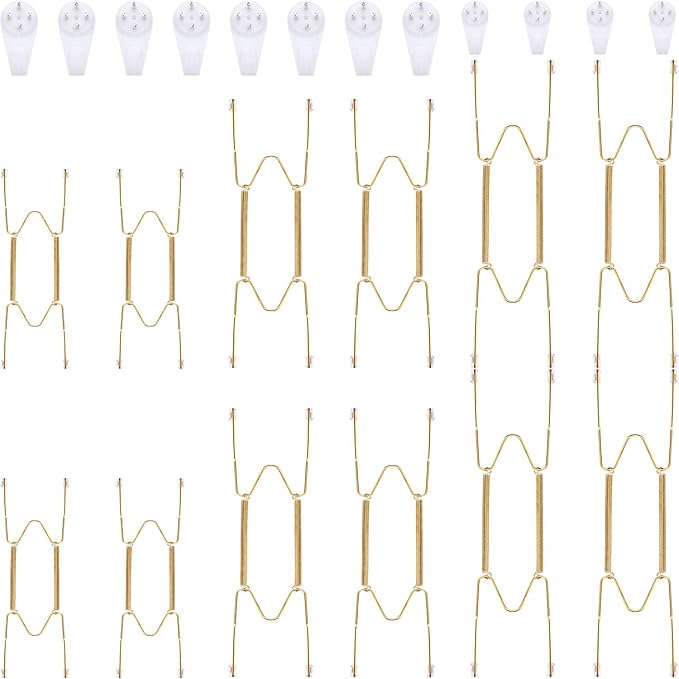 Hotop 12 Pieces Plate Hangers for Wall Stainless Steel Wire Invisible Plate Hangers Heavy Duty Display Holders with 12 Pieces Hooks for Wall Decoration(8/12/14 Inch,Gold)