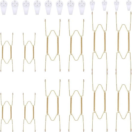 Hotop 12 Pieces Plate Hangers for Wall Stainless Steel Wire Invisible Plate Hangers Heavy Duty Display Holders with 12 Pieces Hooks for Wall Decoration(8/12/14 Inch,Gold)